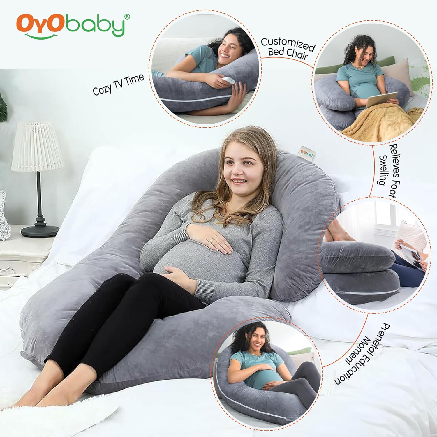 OYO BABY Maternity Pillows for Pregnant Women with Washable Premium Velvet Cover| Maternity Pillow with Removable Cover | Pregnancy Pillows for Sleeping | C-Shaped Maternity Pillow (Grey Color)