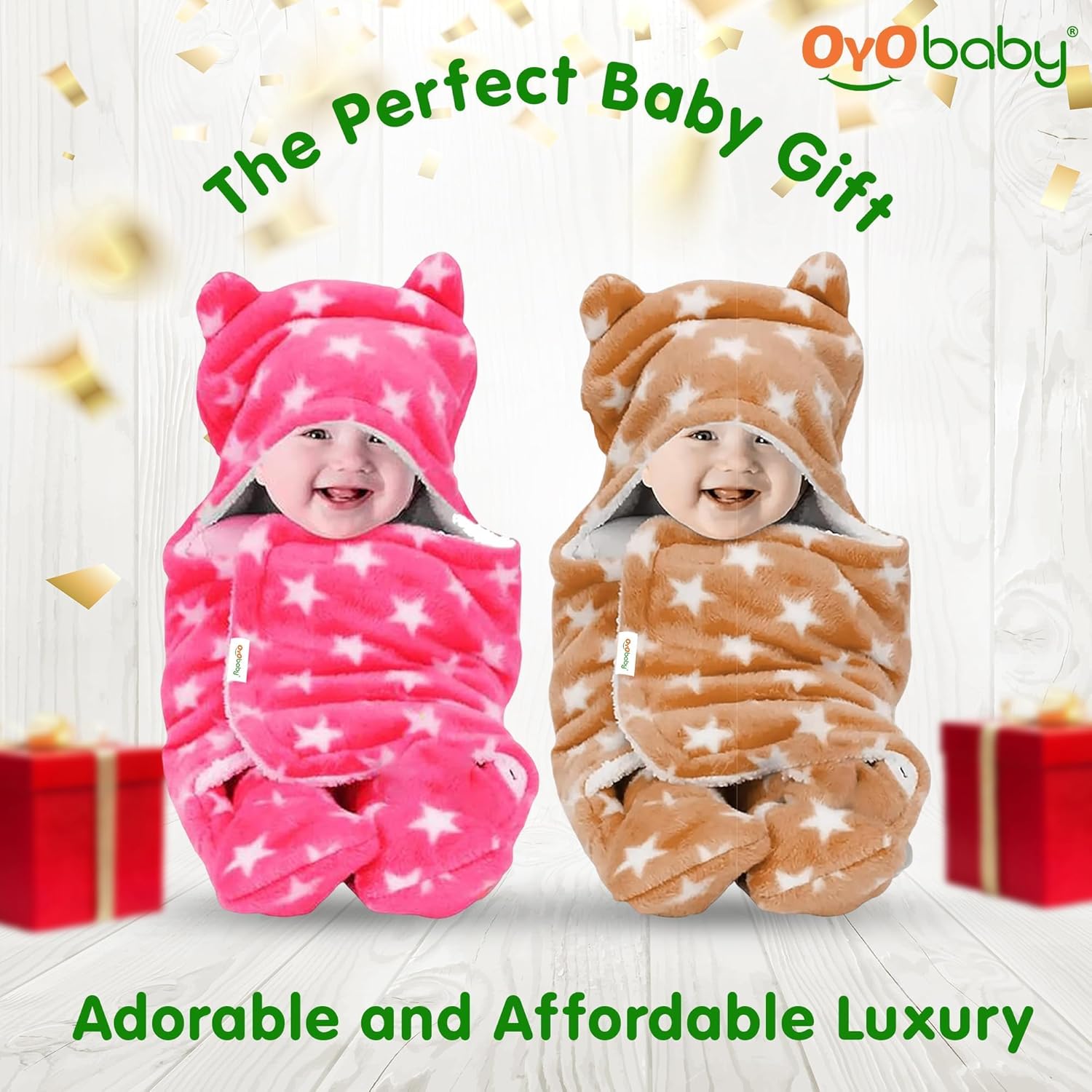 OYO BABY Ultra-Soft Baby Swaddle Wrap Blanket with Hood & Booties – Warm Fleece Sleeping Bag for Newborns (0–6 Months 72 * 68 cm) – Star Print, Beige & Pink