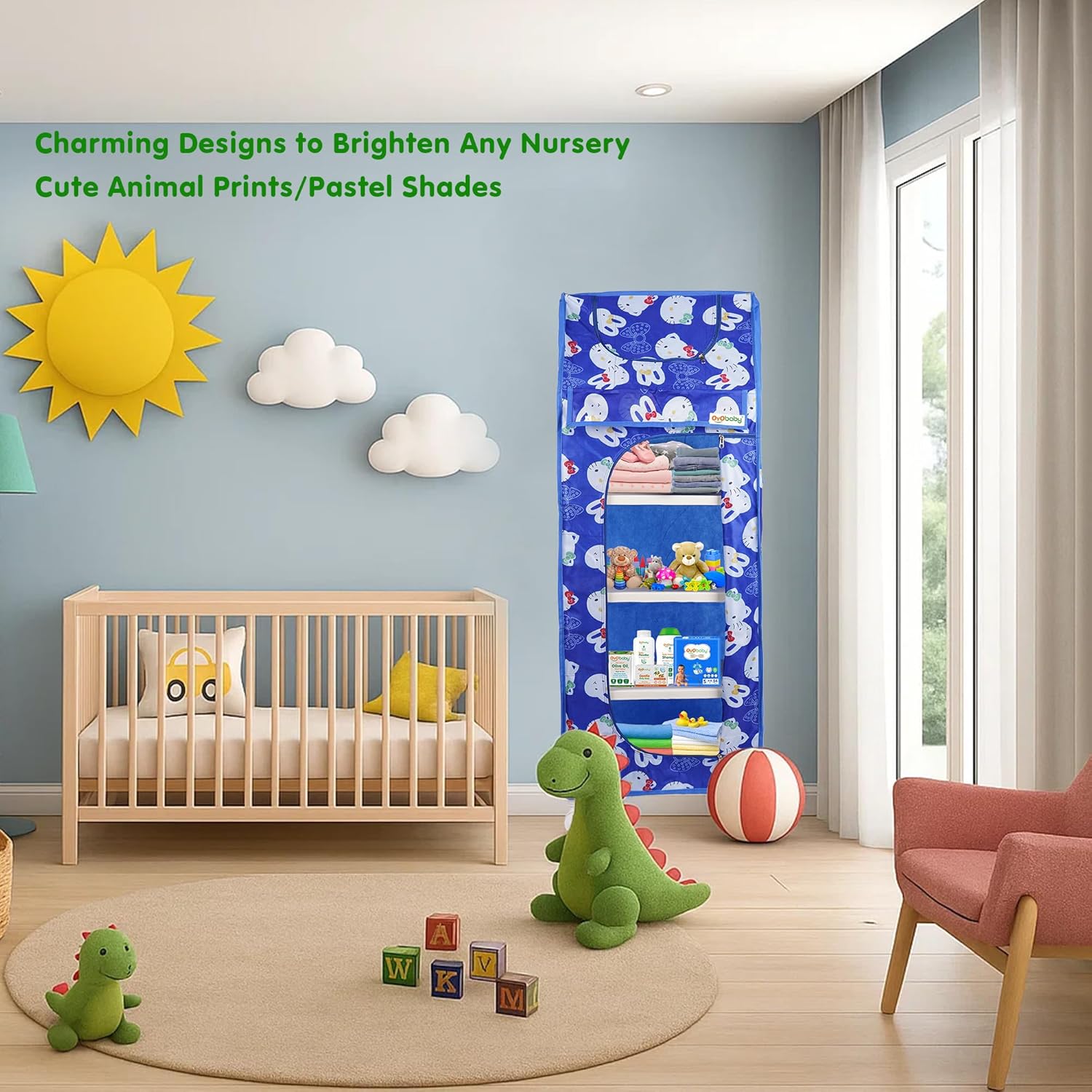 OYO BABY Kids Wardrobe for Storage 5 Shelves | Heavy Duty Plastic Almirah for Baby Clothes, Toys & Books Rack | Compact Storage Organizer for Nursery/Bedroom [Cartoon Printed - Blue]