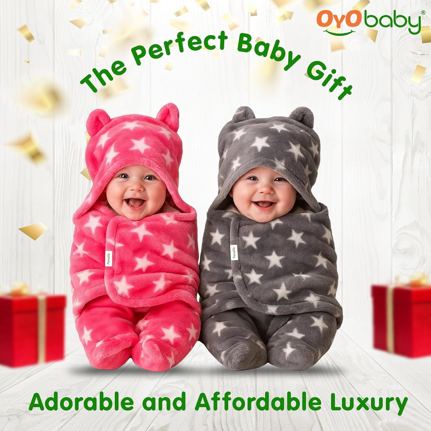 OYO BABY Ultra-Soft Baby Swaddle Wrap Blanket with Hood & Booties – Warm Fleece Sleeping Bag for Newborns (0–6 Months 72 * 68 cm) – Star Print, Pink & Grey