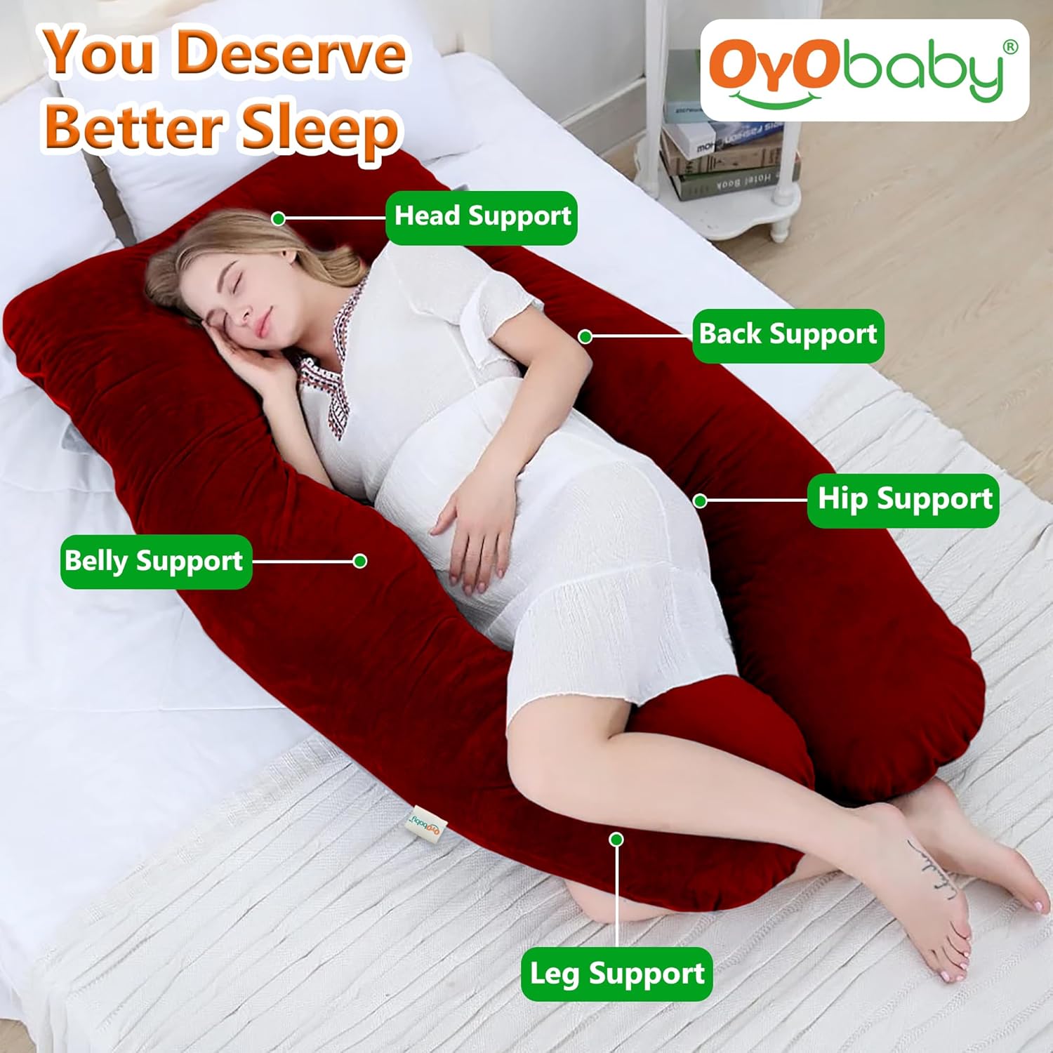 OYO BABY Maternity Pillows for Pregnancy Sleeping | Pregnancy Pillows for Sleeping, Maternity Pillow for Pregnant Women, U-Shaped Pillow, Washable Premium Velvet Cover (Maroon)