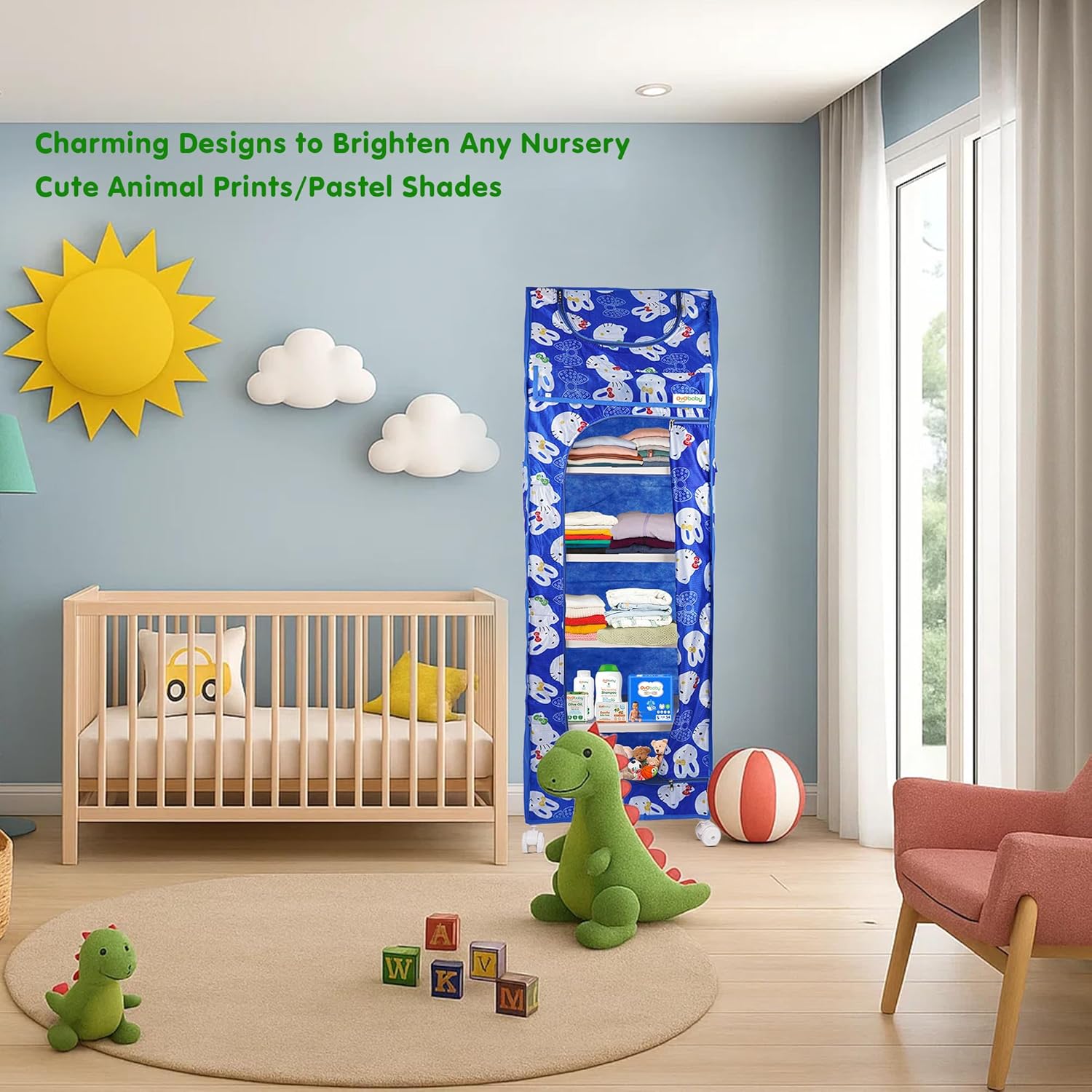 OYO BABY Kids Wardrobe for Storage 6 Shelves | Heavy Duty Plastic Almirah for Baby Clothes, Toys & Books Rack | Compact Storage Organizer for Nursery/Bedroom [Cartoon Printed - Blue]