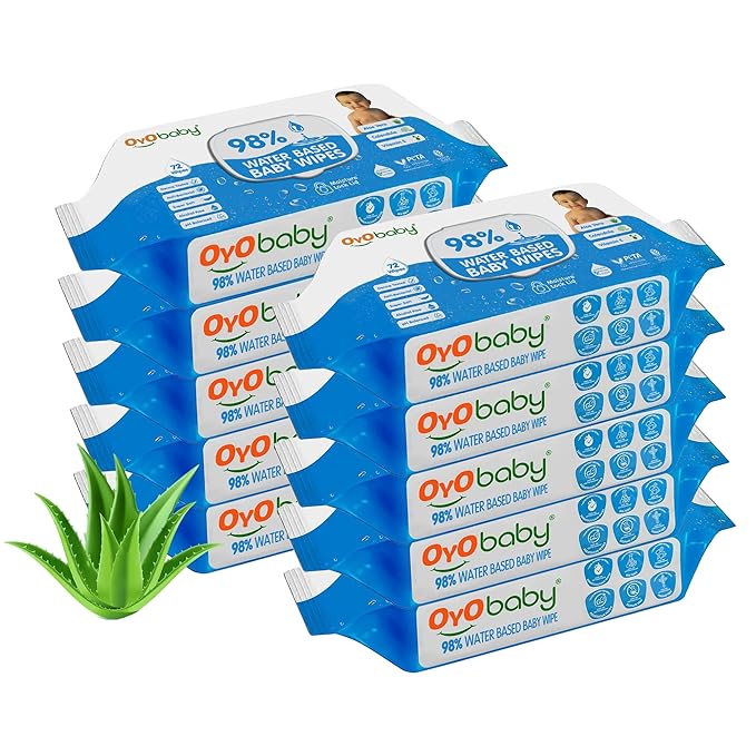 OYO BABY Wipes for new born baby with Lid | 72 Wipes x Pack of 10-720 Wipes for kid | Extra Thick & Moist Wet Vipes for Babies | Prevents Skin Redness & Rashes | Enriched with Aloe Vera, Vitamin E