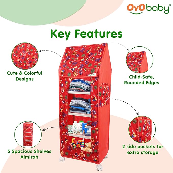 OYO BABY Kids Wardrobe for Storage 5 Shelves | Heavy Duty Plastic Almirah for Baby Clothes, Toys & Books Rack | Compact Storage Organizer for Nursery/Bedroom [Printed - Red]