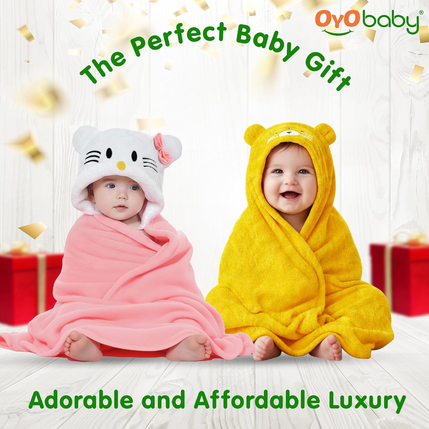 OYO BABY Fleece Newborn Baby Blanket Combo – Hooded Baby Wrapper with Funny Cap, Bath Towel & Blanket (0-12 Months, Pink Kitty & Yellow Tiger, Pack of 2)
