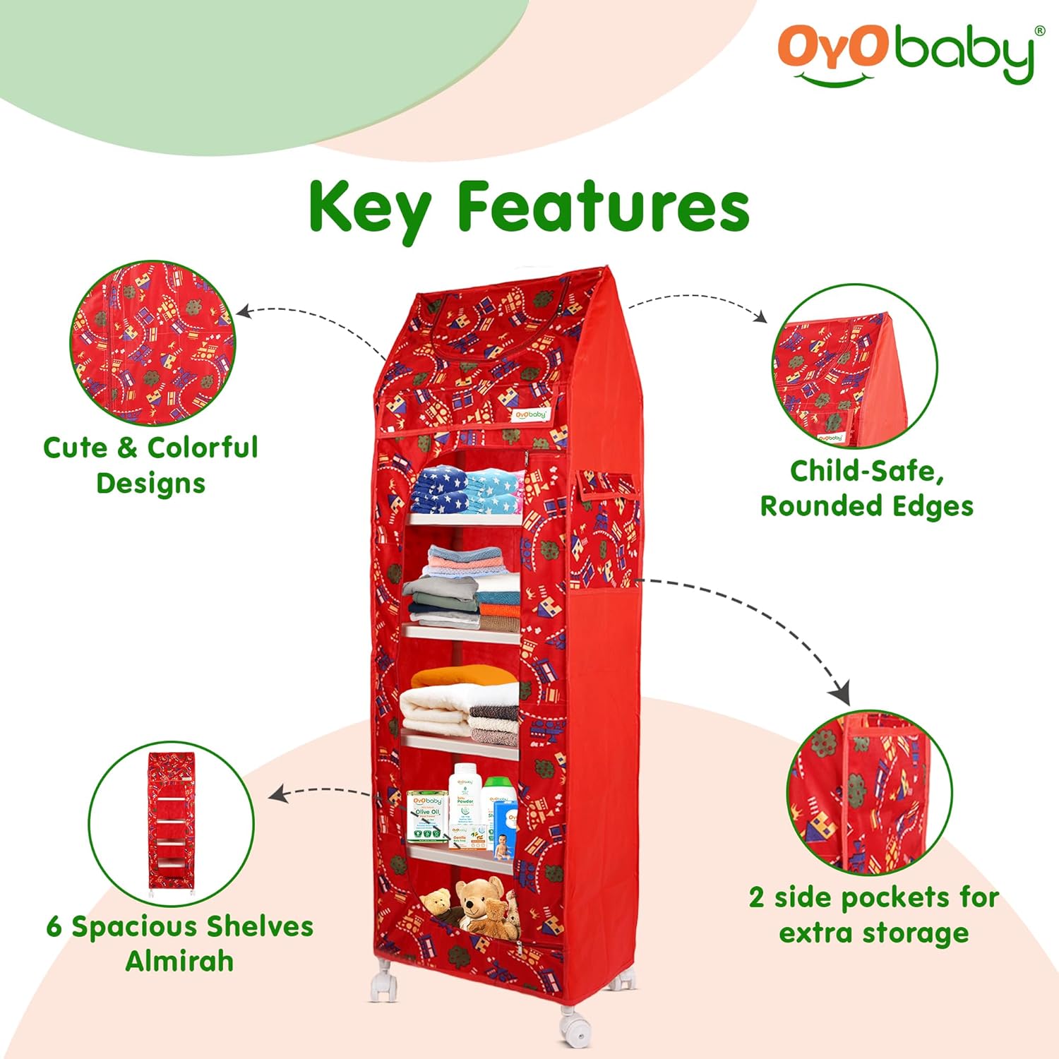 OYO BABY Kids Wardrobe for Storage 6 Shelves | Heavy Duty Plastic Almirah for Baby Clothes, Toys & Books Rack | Compact Storage Organizer for Nursery/Bedroom [Printed - Red]