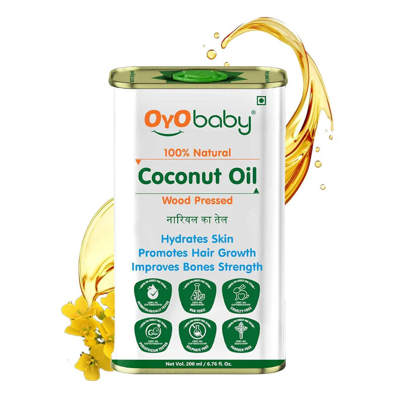 OYO BABY Massage Oil 100% Pure & Natural Coconut Baby Oil | Faster Physical Growth for Stronger Bones and Muscles | Wood Pressed Baby Hair Oil (200 ml)