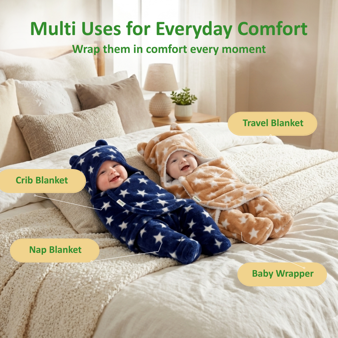 OYO BABY Ultra-Soft Baby Swaddle Wrap Blanket with Hood & Booties – Warm Fleece Sleeping Bag for Newborns (0–6 Months 72 * 68 cm) – Star Print, Grey & Blue