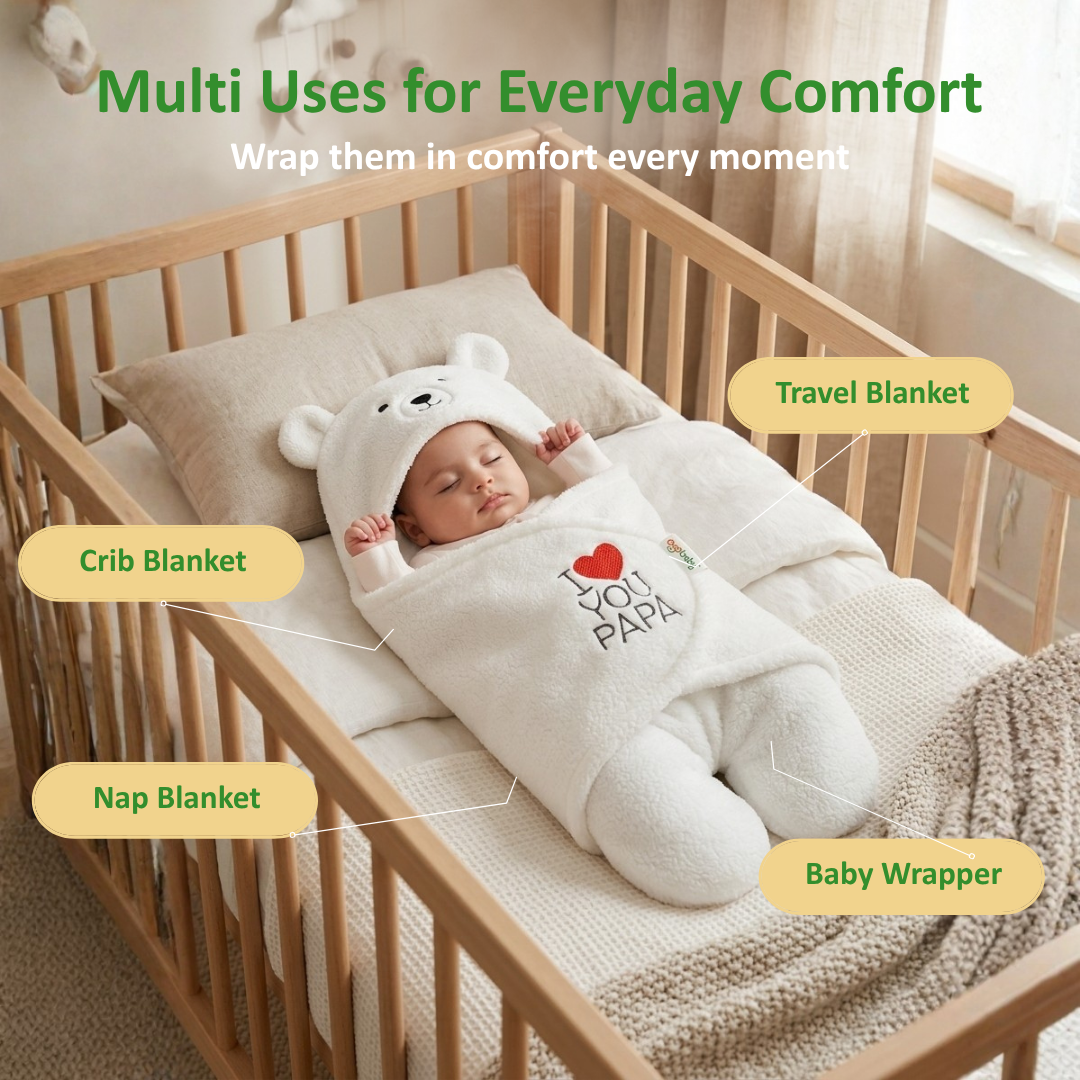 OYO BABY Newborn Hooded Swaddle Blanket Combo – Wearable Wrapper Sleeping Bags (0-6 Months, 72x68cm), Blue & White, I Love MOM & PAPA Embroidery