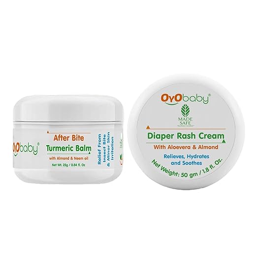 OYO BABY After Bite Turmeric Balm & Diaper Rash Cream Combo for Babies – 100% Ayurvedic, Natural Relief from Rashes, Mosquito Bites, & Diaper Rash, Enriched with Aloe Vera & Almond, 25g & 50g