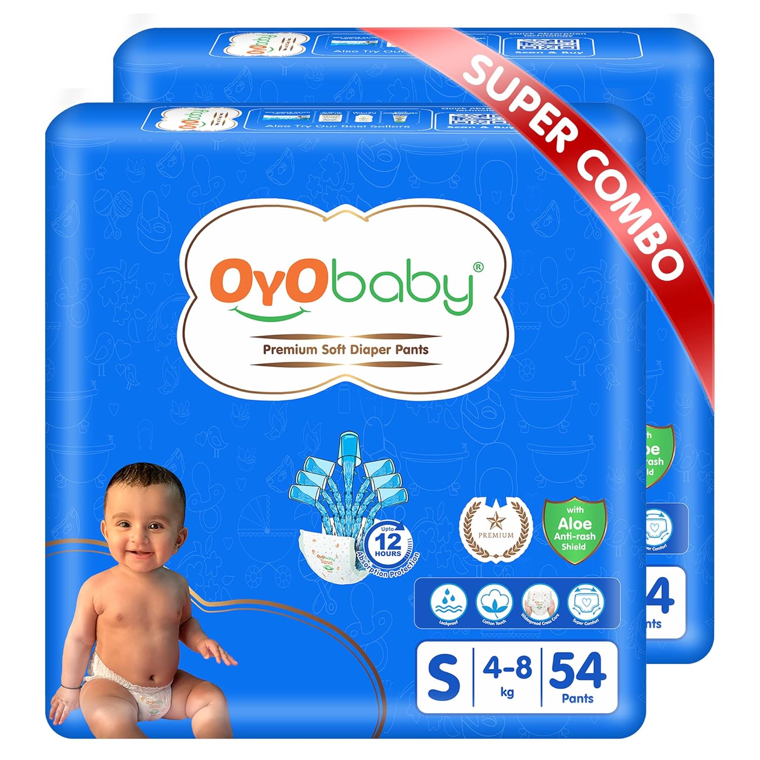 OYO BABY Diaper Premium Pants, Small size baby diapers Pants, Anti Rash diapers, Lotion with Aloe Vera |12 Hours Protection