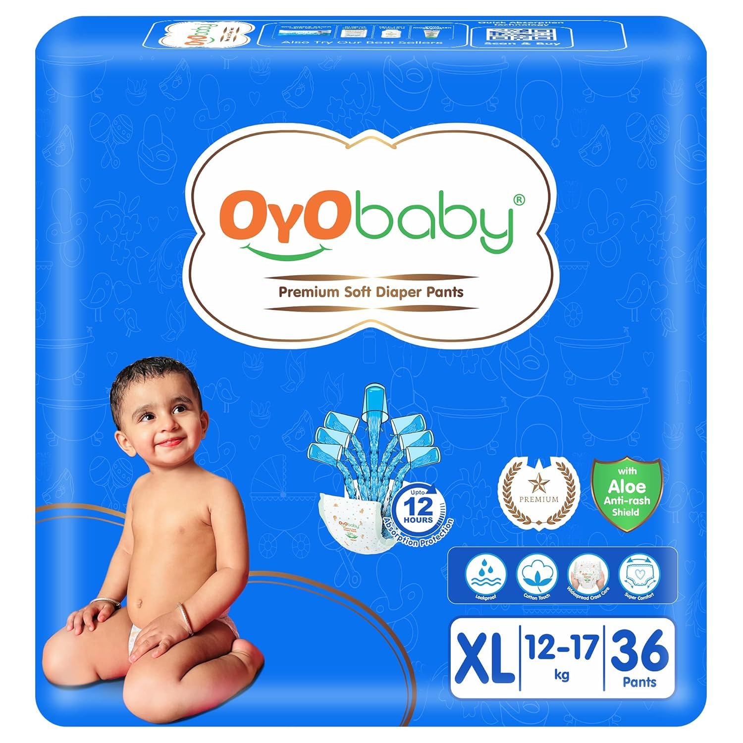 OYO BABY Pant Style Baby Diapers, X-Large (XL), 36Count, for Babies 12-17kg, with Aloe Vera Lotion for Rash Protection & Up to 12 Hours Protection