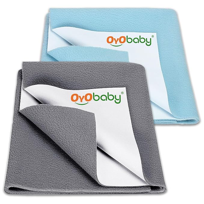 OYO BABY Medium Quick-Dry Mattress Protectors Pack of 2 | Waterproof Dry Sheets 100×70 cm | Soft, Breathable, Anti-Pilling for Infants 0-12 Months - Grey + Sea Blue