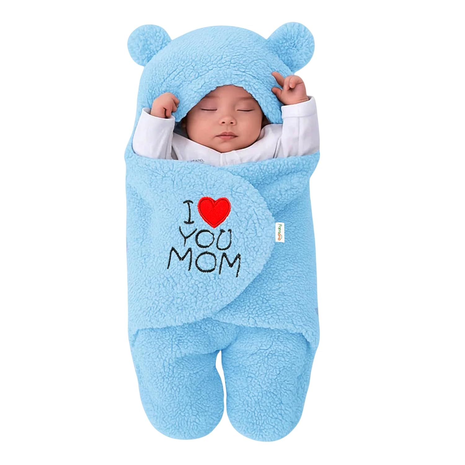 OYO BABY Newborn Baby Hooded Swaddle Blanket – Security Embroidered Wearable Wrapper Sleeping Bag (0-6 Months, 78x68cm, I Love MOM, Blue)