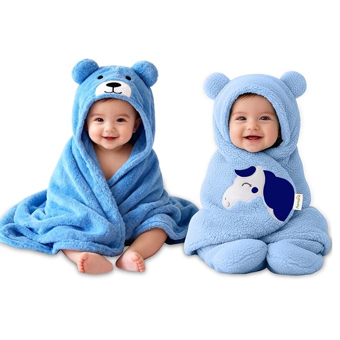 Newborn Baby Blanket Combo Pack – Hooded Sleeping Bag & Baby Blanket (0-12 Months, Bear Design & Unicorn Embroidery, Microfiber Fleece & Sherpa, (84x80 & 72x68 cm), Pack of 2