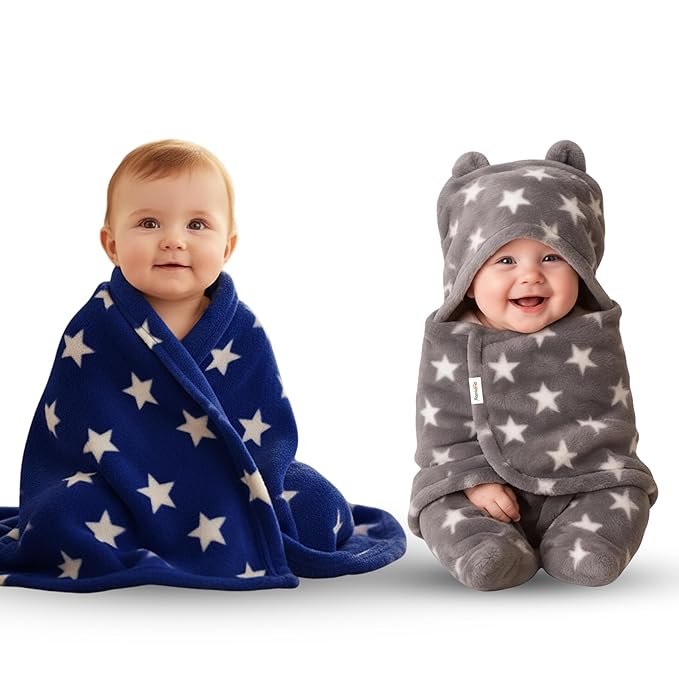 OYO BABY Baby Blankets Combo | for New Born Babies Baby Boys, Baby Girls, Babies for 0-6 Months, Fleece, Skin Friendly, 2 Blankets (Star Dark Blue Square + Star Grey Hooded)