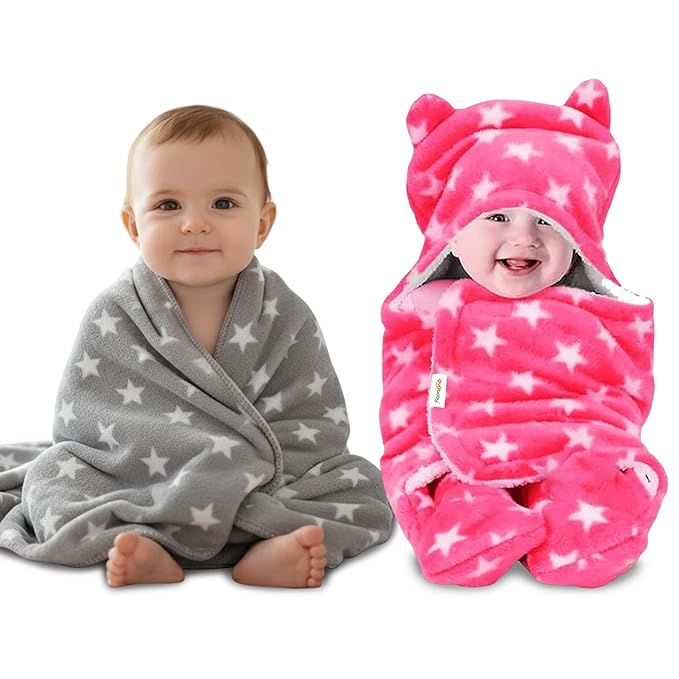 Newborn Baby Blanket Combo Pack – 2 Pcs Super Soft Micro Fleece Wrapper/Sleeping Bag (0-6 Months, 72x68 cm, Pink & Dark Blue, Skin-Friendly, Boys & Girls)