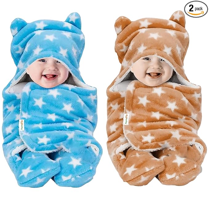 OYO BABY Ultra-Soft Baby Swaddle Wrap Blanket with Hood & Booties – Warm Fleece Sleeping Bag for Newborns (0–6 Months 72 * 68 cm) – Star Print, Beige & Blue