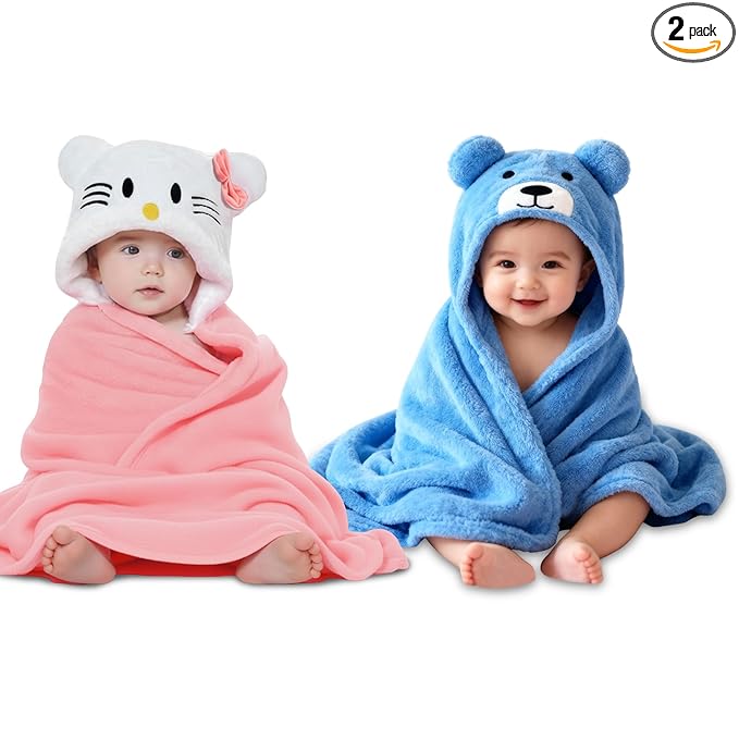 Newborn Baby Blanket & Bath Towel/Bath Robe Combo Pack – 2 Pieces, Fleece (Pink Kitty & Blue Bear), Multi-Use for Babies 0-12 Months