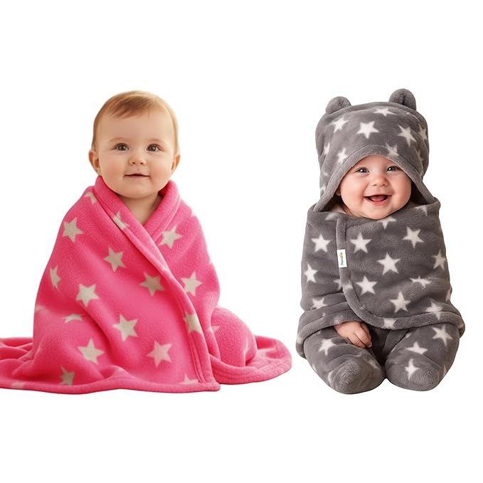 Soft Baby Blanket Set – Grey Hooded Wearable Blanket (72x68 cm) & Pink Square Blanket (95x70 cm) | 0-12 Months | Warm & Comfortable for Newborn Boys & Girls