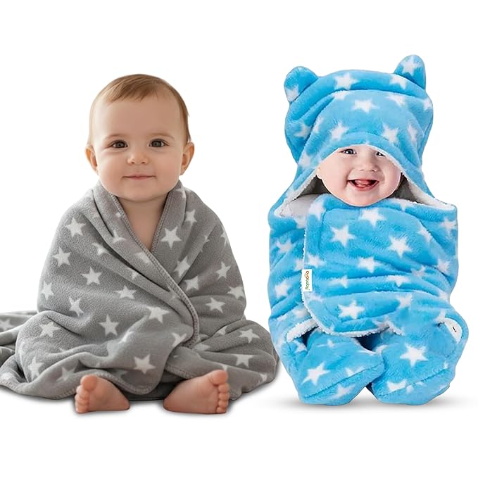 Baby Blanket New Born Babies Super Soft Baby Combo Wrapper Baby Sleeping Bag for Baby Boys, Baby Girls | All Season | Sleeping Bag | Nursing Baby Gifts (Grey, Blue Star Printed)