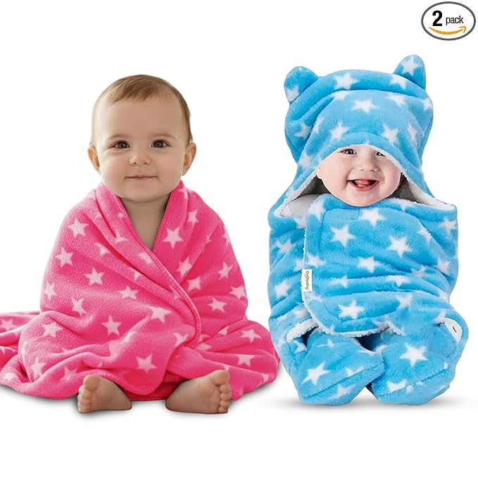 Baby Blankets Combo | for New Born Babies Baby Boys, Baby Girls, Babies for 0-6 Months, Fleece, Skin Friendly, 2 Blankets (Star Pink Square + Star Blue Hooded)