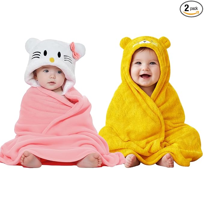OYO BABY Fleece Newborn Baby Blanket Combo – Hooded Baby Wrapper with Funny Cap, Bath Towel & Blanket (0-12 Months, Pink Kitty & Yellow Tiger, Pack of 2)