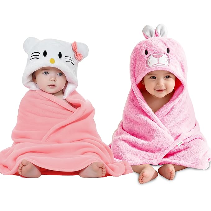 OYO BABY Fleece Newborn Baby Blanket Combo – Hooded Baby Wrapper with Funny Cap, Bath Towel & Blanket (0-12 Months, 84x80 + 72x68), Pack of 2 - Pink Kitty & Rabbit
