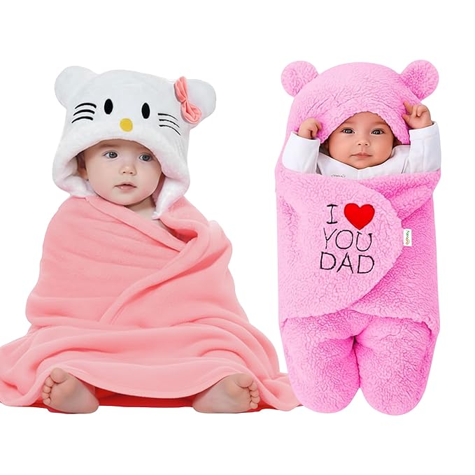 OYO BABY Soft Cotton Baby Blanket Pack – Pink Kitty & Dad Pink, 0–12 Months | Gentle & Breathable Infant Swaddle Wrap, Cozy Newborn Blanket for Sleep, Travel & Nursery, Perfect Baby Shower Gift