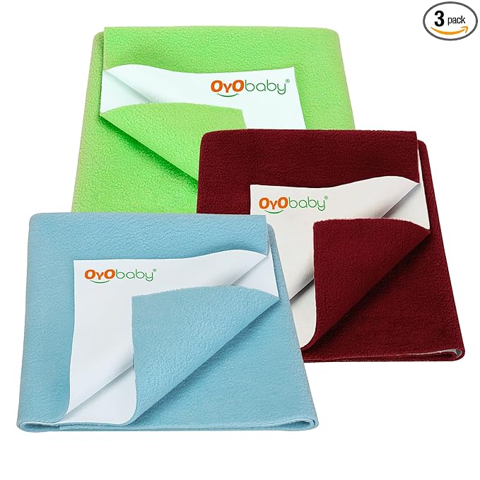 OYO BABY Anti-Piling Fleece Extra Absorbent Instant Dry Sheet for Baby, Baby Bed Protector, Waterproof Sheet, Small Size 50x70cm, Combo Pack of 3, Blue, Maroon & Light Green