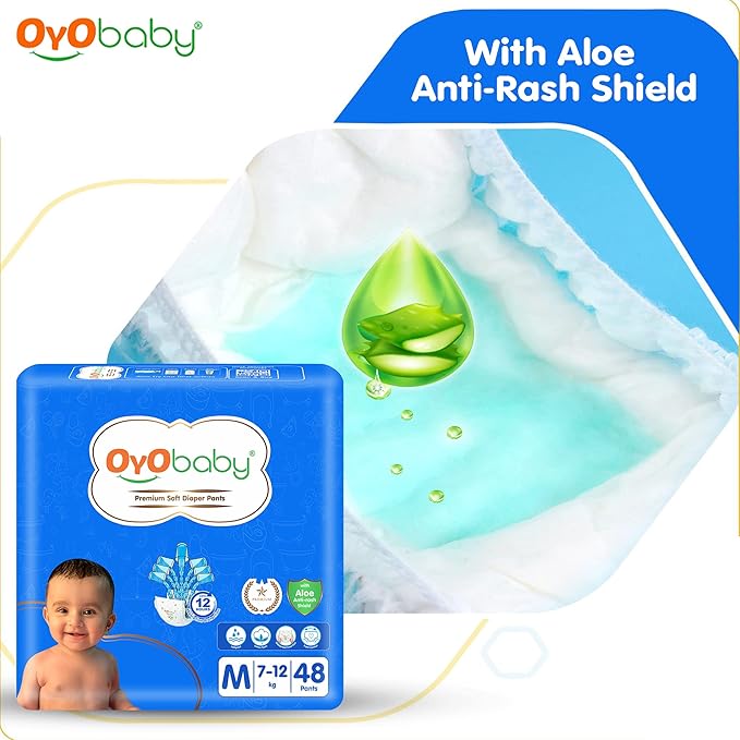 OYO BABY Baby Diaper Pants M Size (Medium), with Aloe Vera Lotion for Rash Protection, Pack of 48 Count, with Upto 12Hr Protection for Babies of 7 to 12Kg