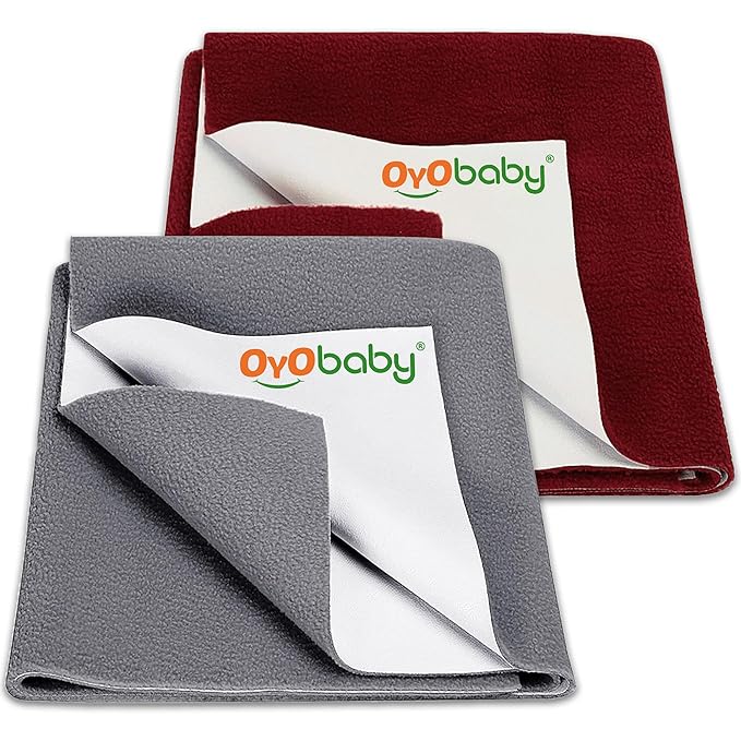 OYO BABY Pack of 2 Baby Mattress Protectors Medium 100×70 cm | Waterproof Dry Sheets | Quick-Dry, Ultra-Soft & Breathable | Suitable for Babies Aged 0-12 Months - Grey + Maroon