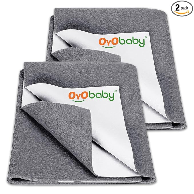 OYO BABY Instadry Anti-Piling Fleece Extra Absorbent Quick Dry Sheet for Baby, Baby Bed Protector, Waterproof Baby Sheet, Small Size 70x50cm, Pack of 2, Grey, Microfleece