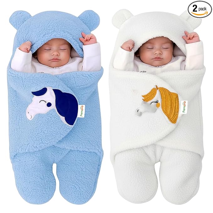 Newborn Baby Blanket Combo Pack – 2 Pcs Super Soft Micro Fleece Wrapper/Sleeping Bag (0-06 Months, 72x68 cm, Blue & White, Skin-Friendly, Boys & Girls)