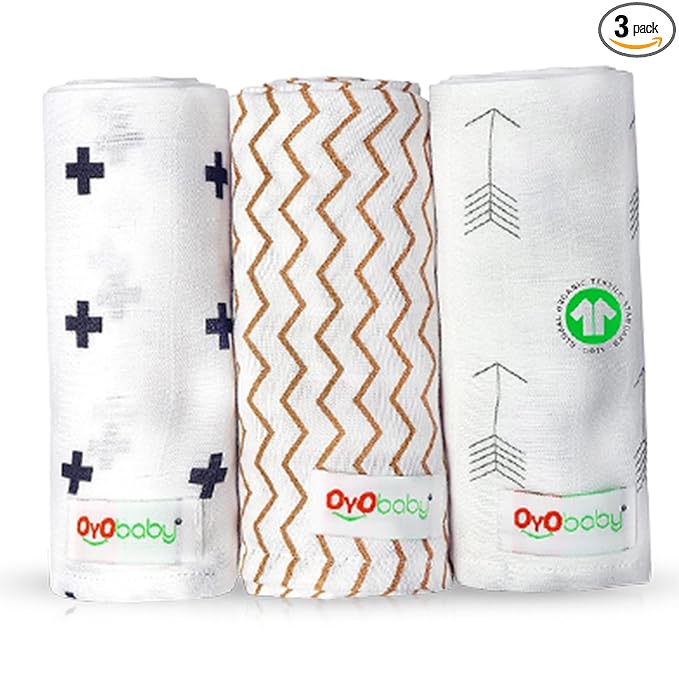 OYO BABY Premium Muslin Cotton Cloth, Baby Washcloths – Extra Soft, Absorbent & Reusable Face Towels for Newborns, Pack of 3 -White | Printed, 100x100cm | 0-18 Months