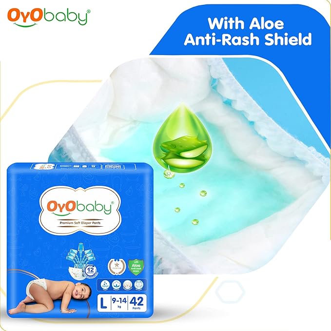 OYO BABY Pant Style Baby Diapers, Large (L), 42 Count, for Babies 9-14kg, with Aloe Vera Lotion for Rash Protection & Up to 12 Hours Protection