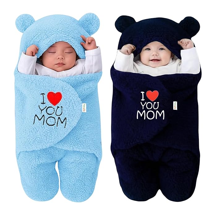 OYO BABY Newborn Baby Hooded Swaddle Blanket Combo – 2 Pcs Embroidered Wearable Wrappers/Sleeping Bags (0-6 Months, 72x68 cm) - Blue +Dark Blue, I Love Mom