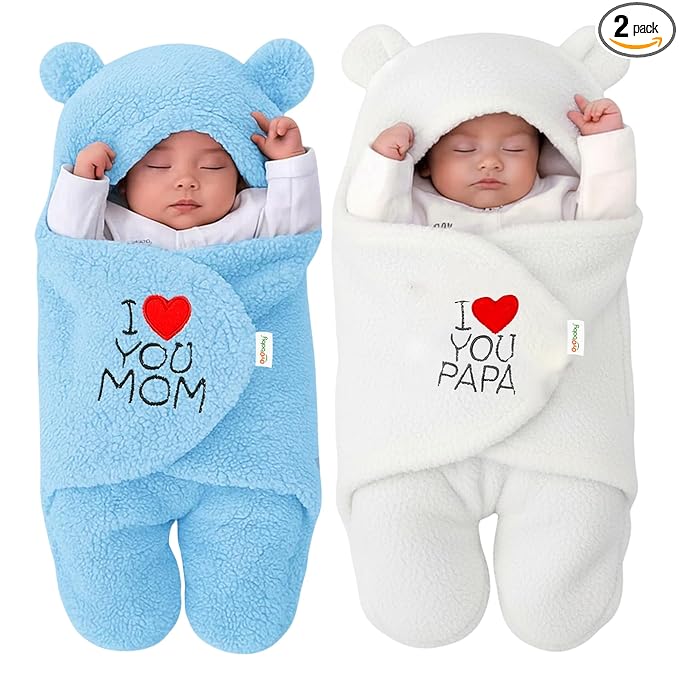 Newborn Hooded Swaddle Blanket Combo – Wearable Wrapper Sleeping Bags (0-6 Months, 72x68cm), Blue & White, I Love MOM & PAPA Embroidery