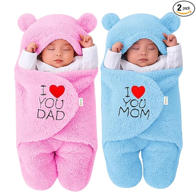 OYO BABY Newborn Baby Hooded Swaddle Blanket Combo Pack – 2 Pcs Embroidered Wearable Wrappers/Sleeping Bags (0-6 Months, Pink & Blue, I Love DAD & MOM)
