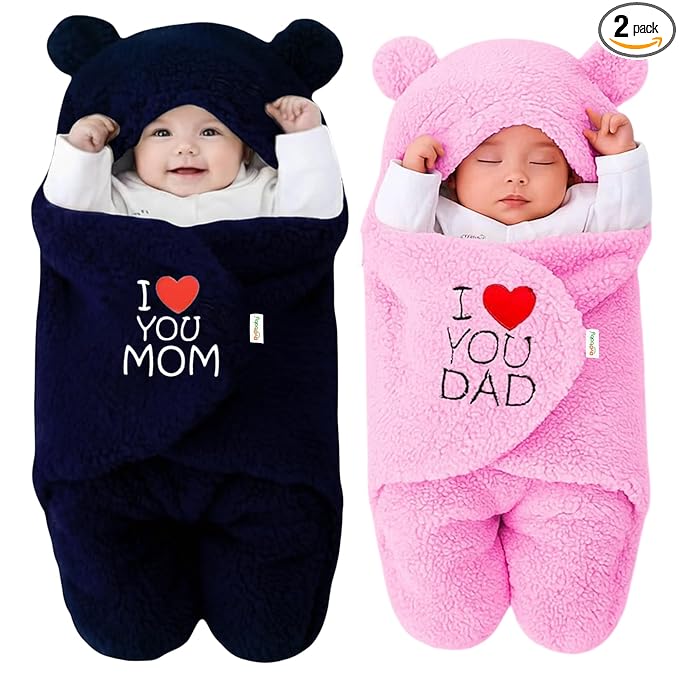 Newborn Hooded Swaddle Blanket Combo – Wearable Wrapper Sleeping Bags (0-6 Months, 72x68cm), Dark Blue & Pink, I Love MOM & DAD Embroidery