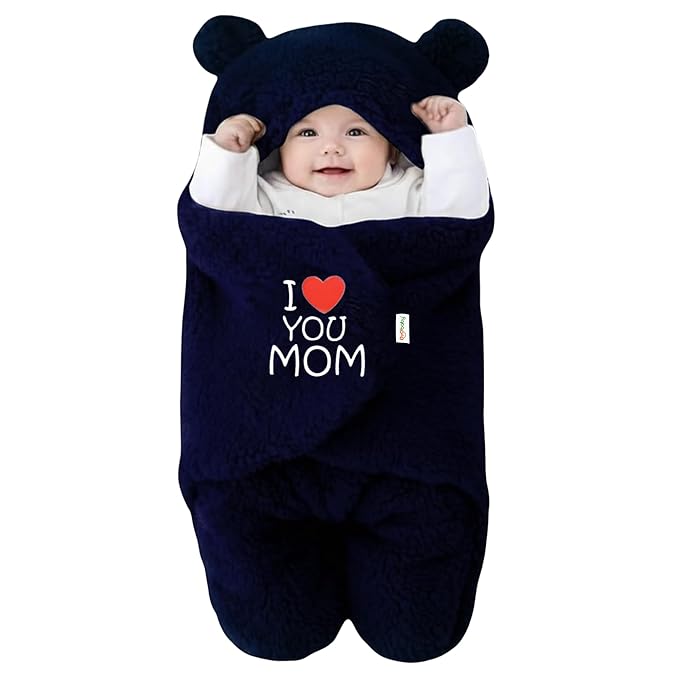 Newborn Baby Hooded Swaddle Blanket – Security Embroidered Wearable Wrapper Sleeping Bag (0-6 Months, 72x68, I Love MOM, Dark Blue)