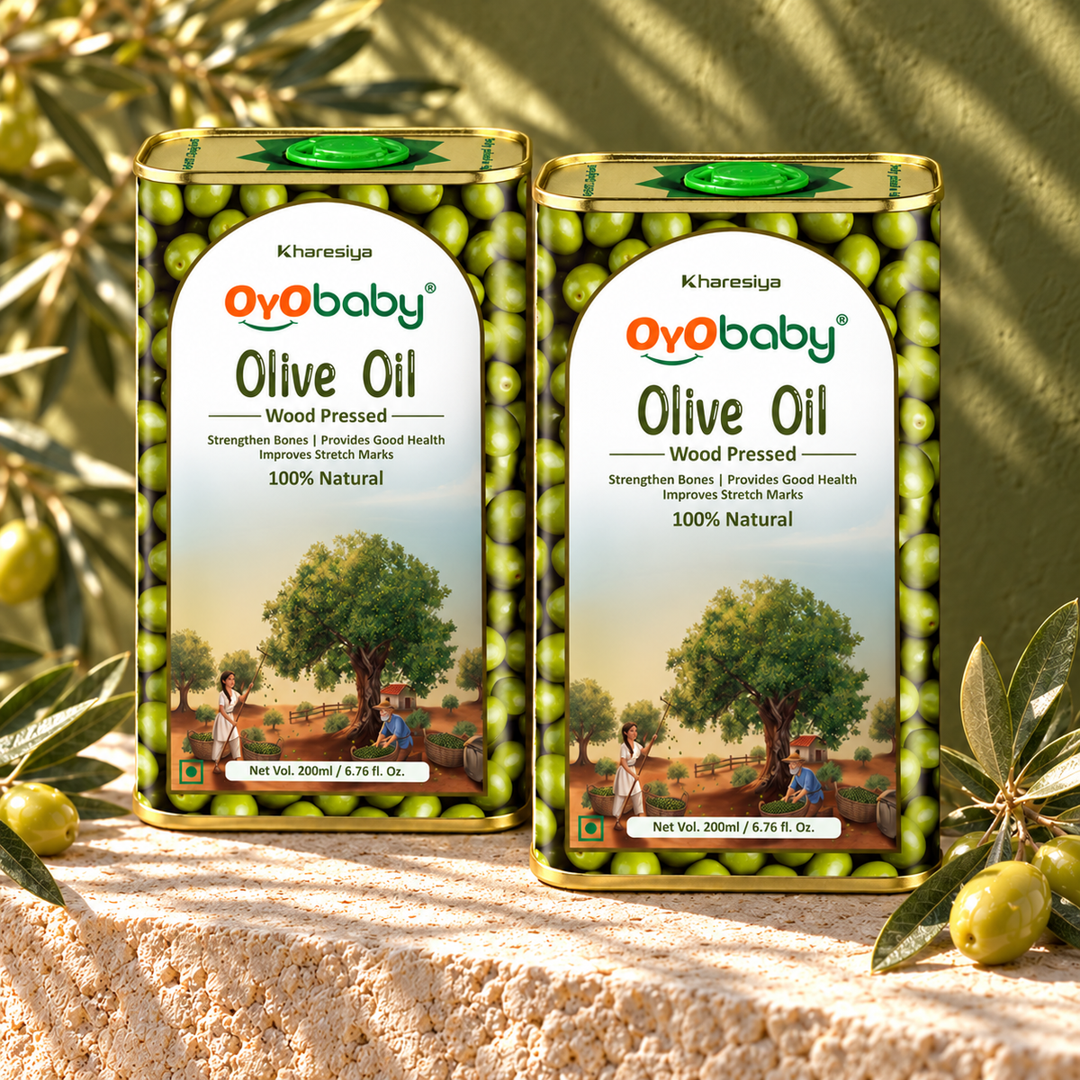 Natural Olive Baby Oil Pack of 2 (200 ml) | Wood Pressed Massage Oil for Newborn Hair & Skin