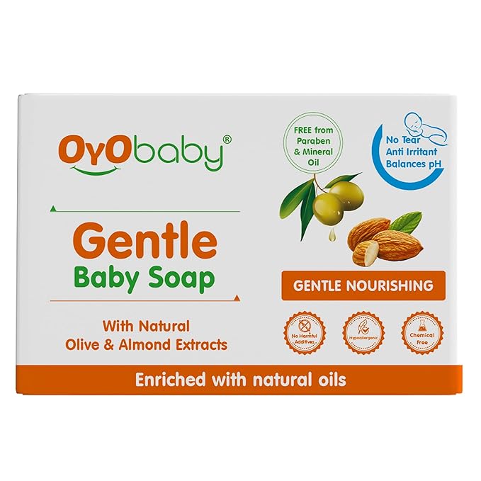 OYO BABY Gentle Baby Bathing Soap Bar - 75g  | Baby Bathing Soap Bar with Natural Olive & Almond | Skin-Friendly Cleansing Soap for Soft Baby Skin