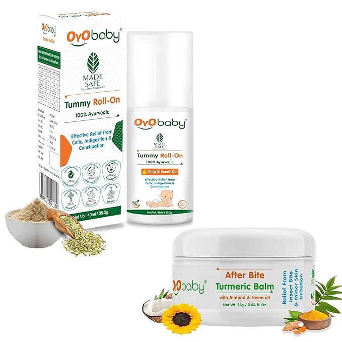 OYO BABY Tummy Roll On 40ml for Gastric & Colic Relief | After Bite Turmeric Balm 25g - 100% Ayurvedic, Insect & Mosquito Bite Protection
