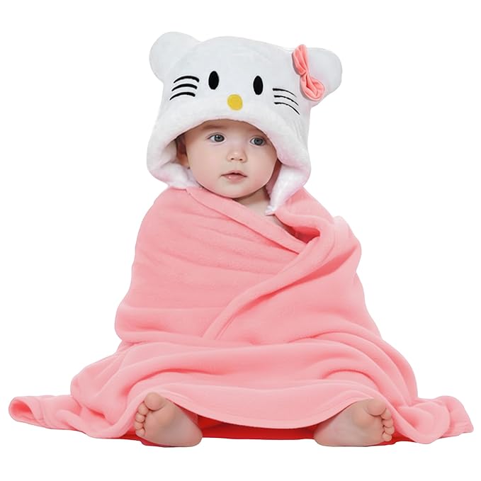 OYO BABY Newborn 3-in-1 Swaddle Blanket with Animal Hood – Soft All-Season Kids Blanket for (0–12 Months, 84x80cm), Skin-Friendly, Pink Kitty Design, Perfect Baby Shower Gift