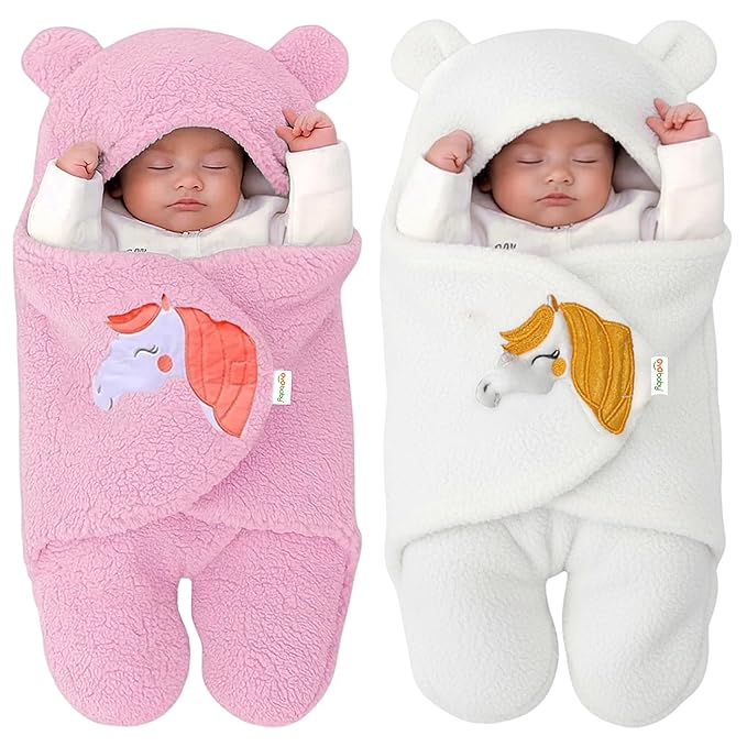 Newborn Baby Blanket Combo Pack – 2 Pcs Super Soft Micro Fleece Wrapper/Sleeping Bag (0-6 Months, 72x68 cm, Pink & White, Skin-Friendly, Boys & Girls)