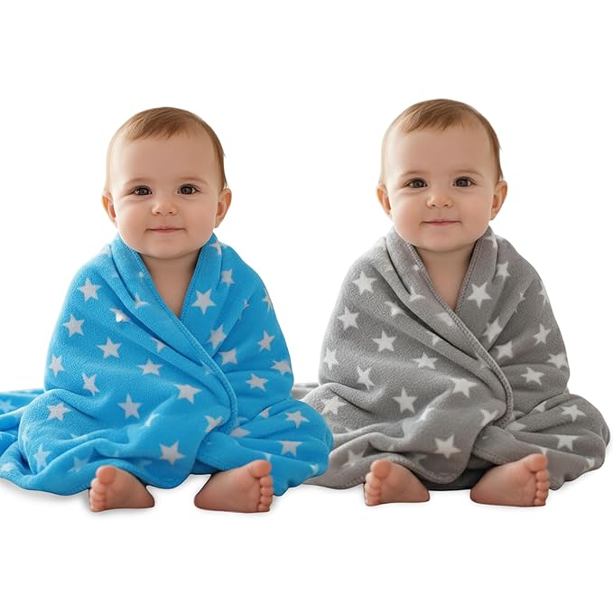 Soft Fleece Baby Blanket with Star Print Blue| Newborn Swaddle Wrap | Ultra Cozy, Lightweight & Breathable | Infant Bedding | Baby Shower Gift | 0-24 Months 100 * 75 cm | Unisex Baby Blanket