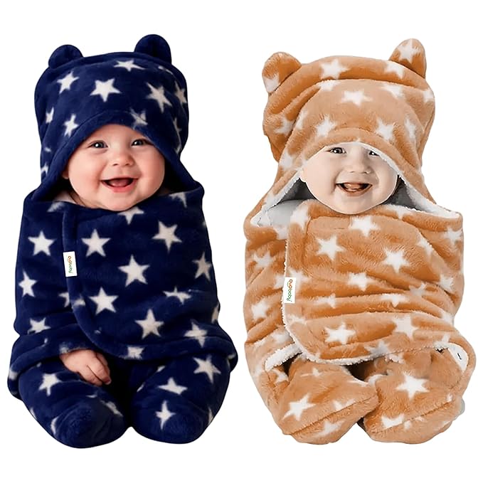 OYO BABY Baby Hooded Blankets Combo | for New Born Babies Baby Boys, Baby Girls, Babies for 0-6 Months, Fleece, Skin Friendly, 2 Blankets (Star Beige+ Star DAR Blue)