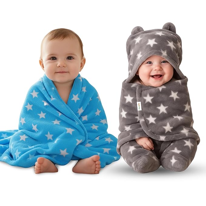 Baby Blankets Combo | for New Born Babies Baby Boys, Baby Girls, Babies for 0-6 Months, Fleece, Skin Friendly, 2 Blankets (Star Blue Square + Star Grey Hooded)