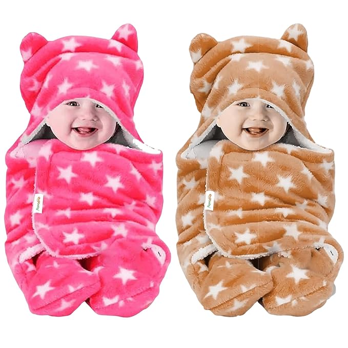 OYO BABY Ultra-Soft Baby Swaddle Wrap Blanket with Hood & Booties – Warm Fleece Sleeping Bag for Newborns (0–6 Months 72 * 68 cm) – Star Print, Beige & Pink